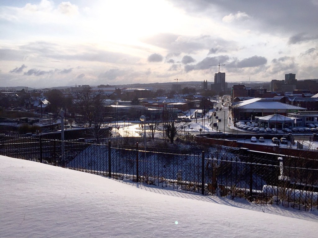 View across Sheffield city in the snow